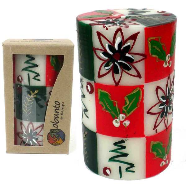 Handmade Boxed Hand Painted Unscented Pillar Candle - Ukhisimui (Christmas) Design (South Africa)