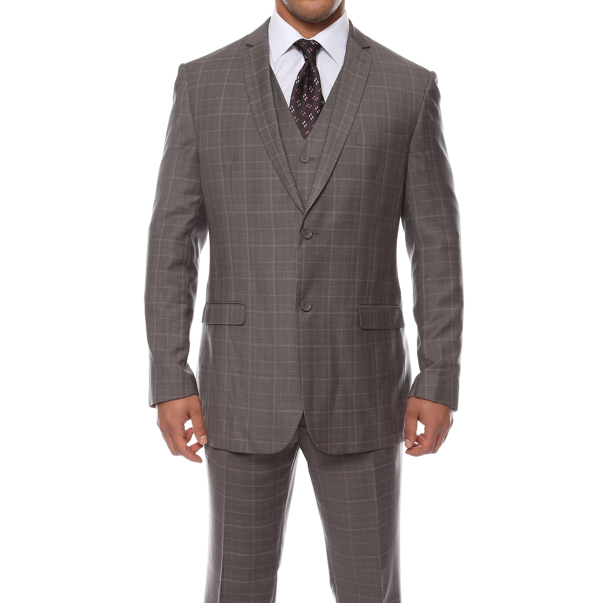 Zonettie By Ferrecci Mens Custom Slim Fit Charcoal Grey Plaid 3 piece Vested Suit