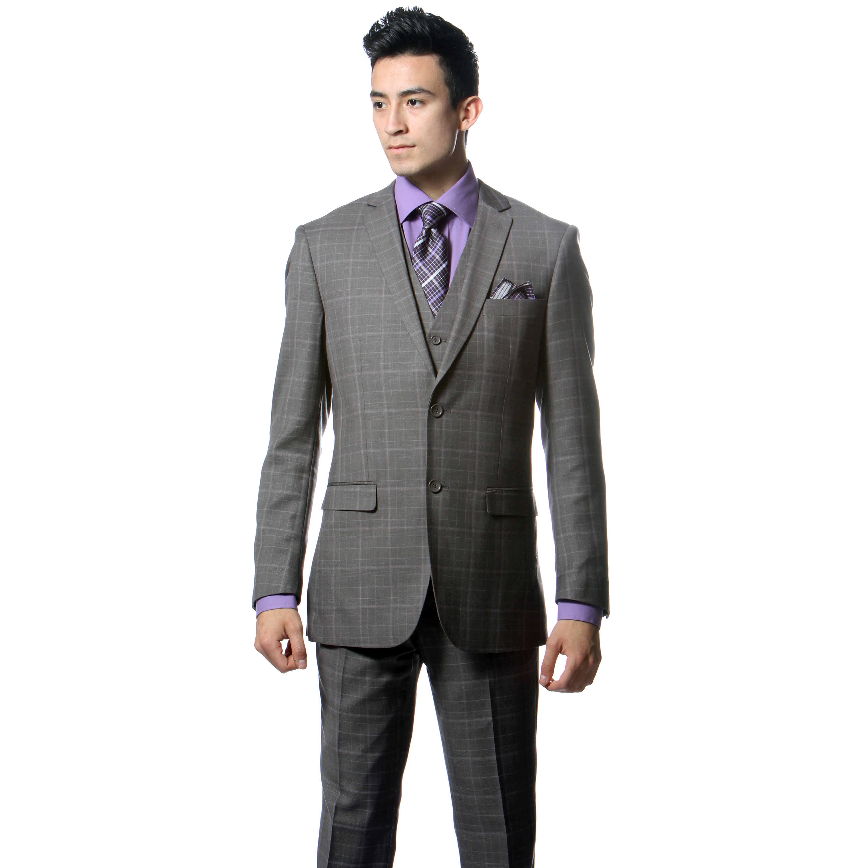 Zonettie by Ferrecci Mens Custom Slim Fit Charcoal Grey Plaid 3 piece