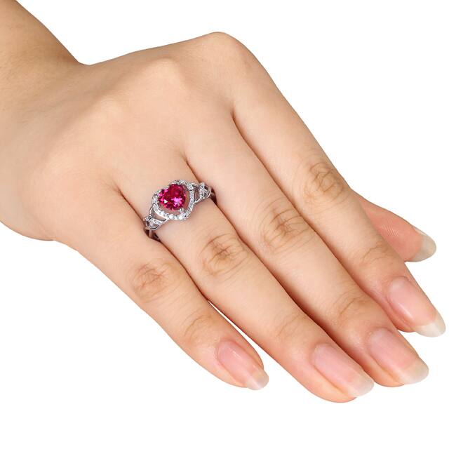 Miadora Sterling Silver Created Ruby and 1/10ct TDW Diamond Heart Ring (H-I, I2-I3)