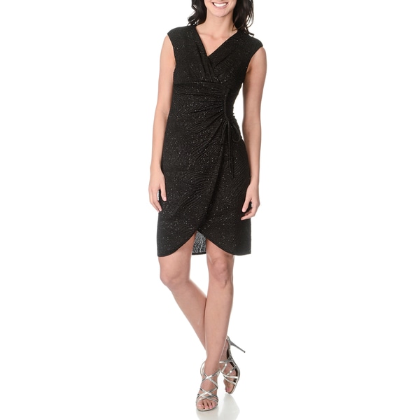 London Times Womens Glittery Black Mock wrap Textured Dress