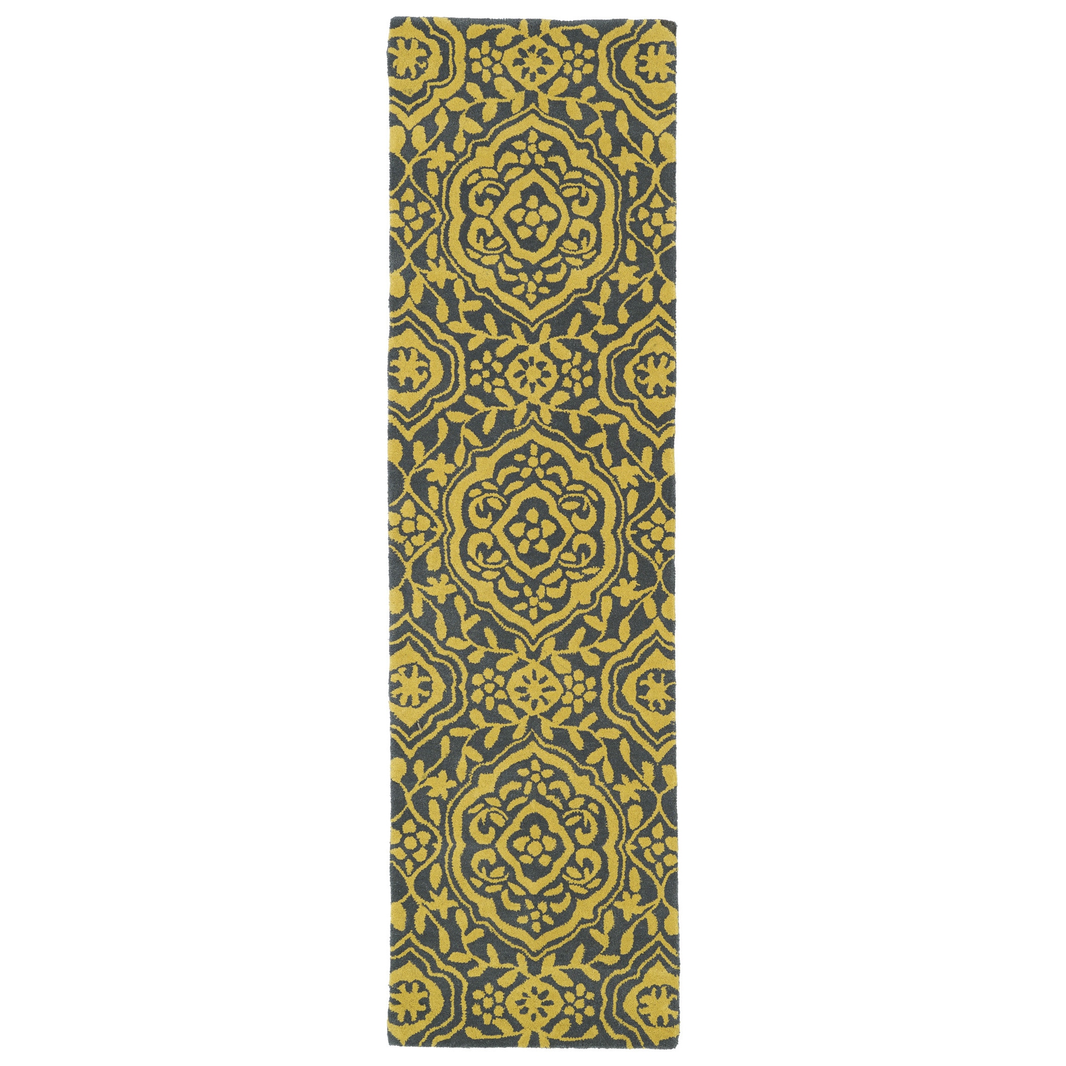 Runway Grey/yellow Damask Hand tufted Wool Rug (23 X 8)