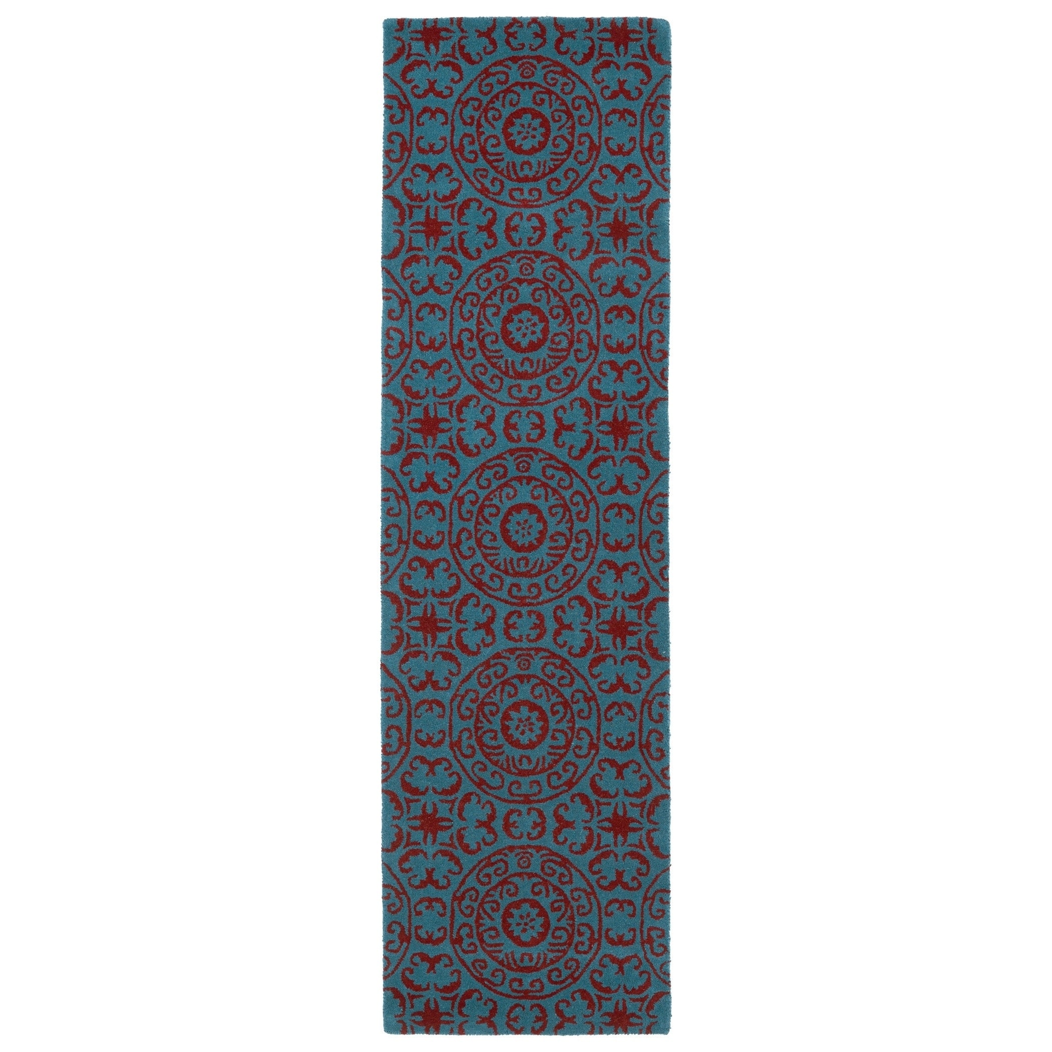 Runway Peacock Blue/red Suzani Hand tufted Wool Rug (23 X 8)