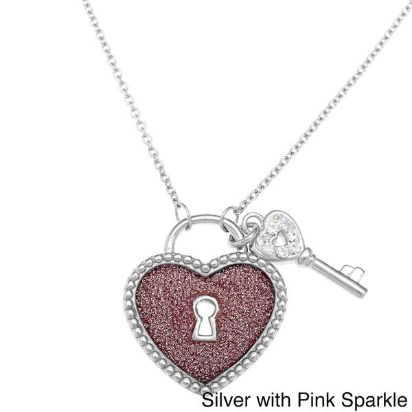 Sterling Silver Rhodium-plated Crystal Pink Heart & Key Necklace 18 Inch 