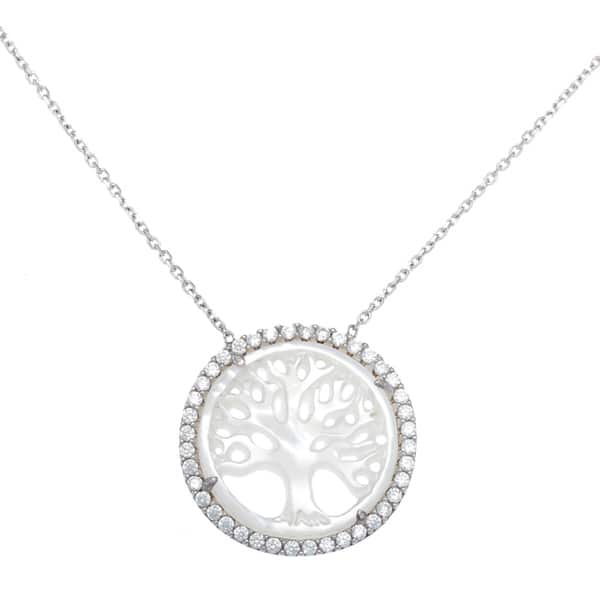 Large Silver “Tree of Life” Mother of Pearl Pendant CZ Necklace