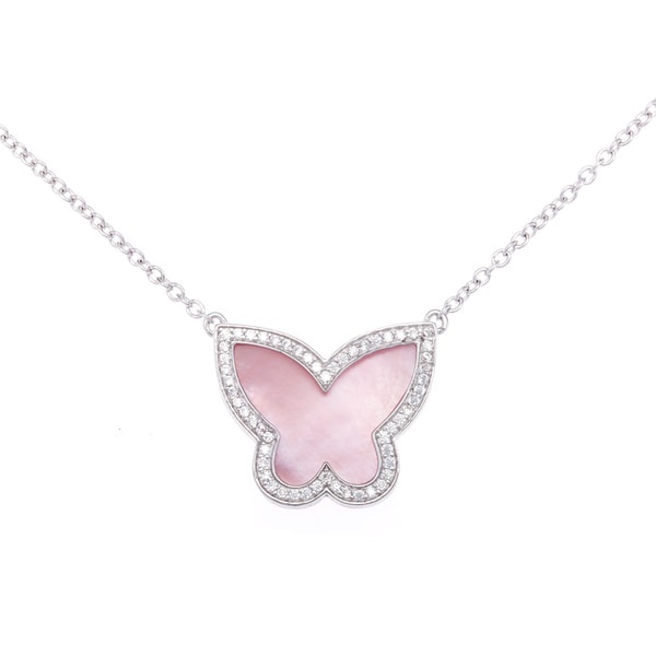 La Preciosa Sterling Silver Pink Mother of Pearl and Cubic Zirconia Butterfly Necklace