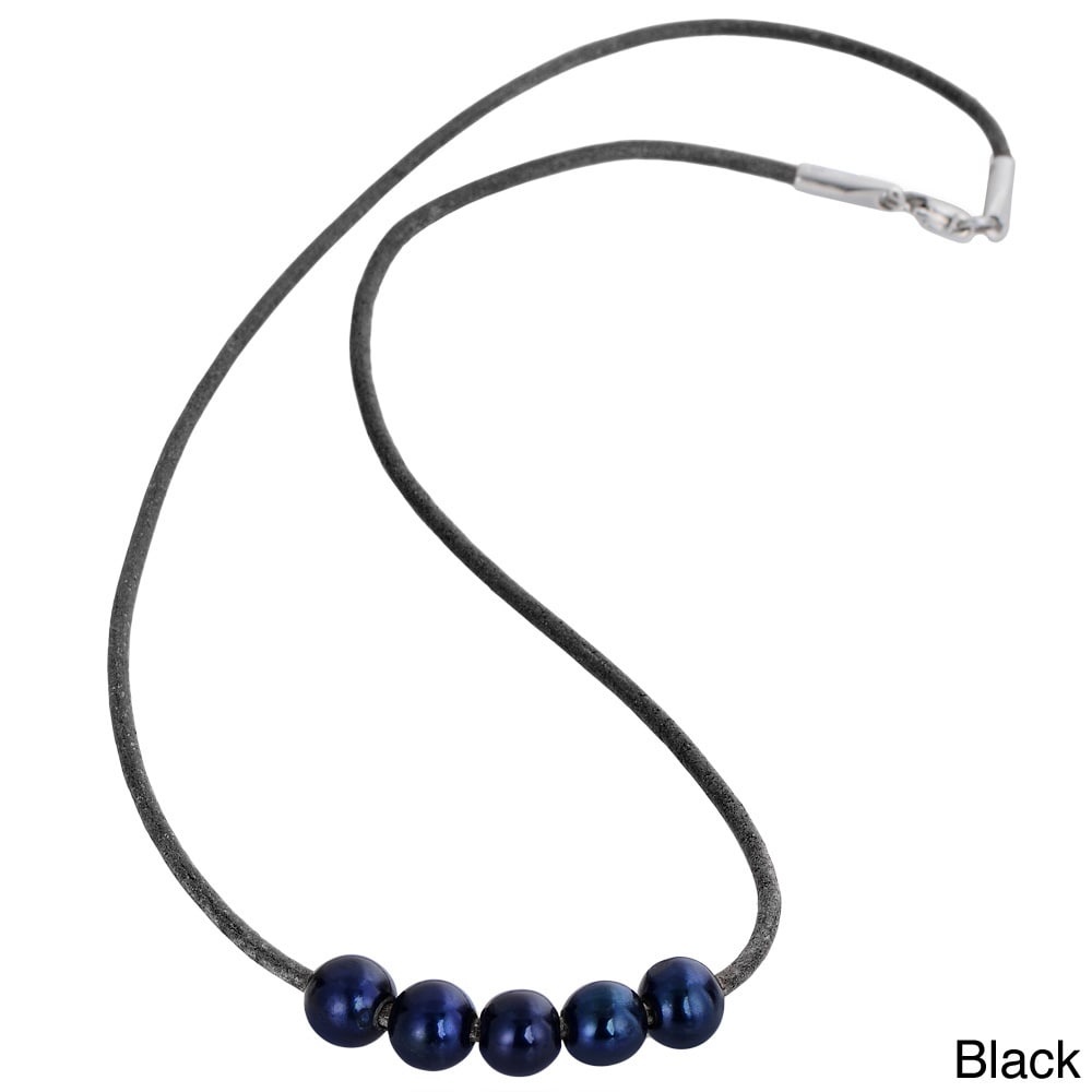 Single White Cultured Freshwater Pearl on Black Leather Cord Necklace Sterling Silver