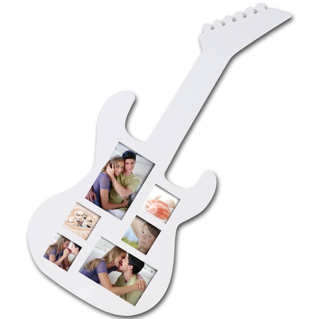 Adeco Decorative White Wood Guitar Wall Hanging Collage 3x3 / 4x6 Photo Frame with 6 Openings