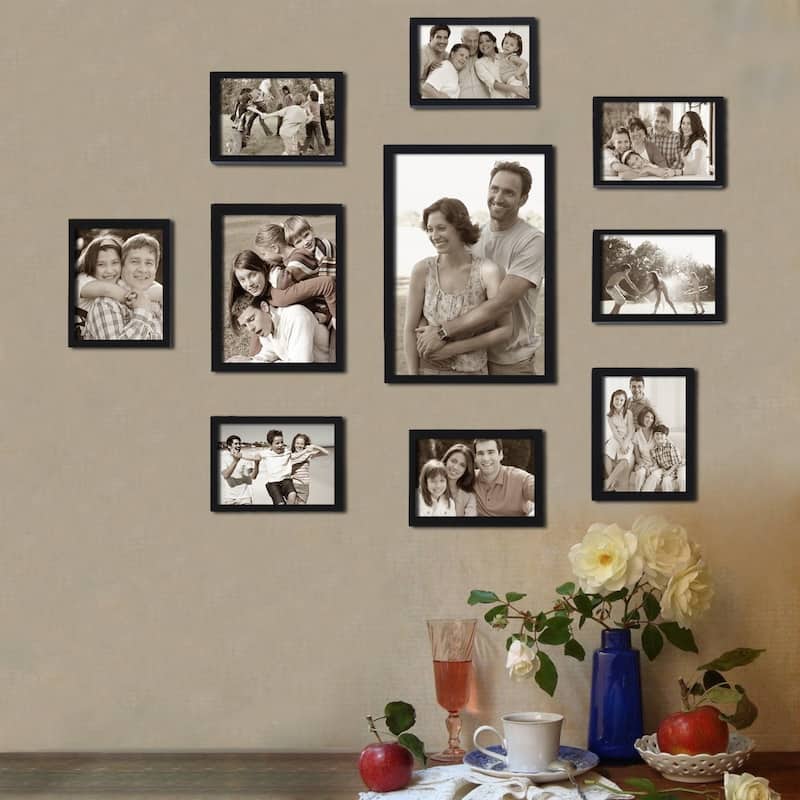 Adeco Decorative Black Wood 10-piece Photo Frame Set for 8 - 4 x 6-inch, 1 - 6 x 8-inch, and 1 - 8 x 12-inch Pictures