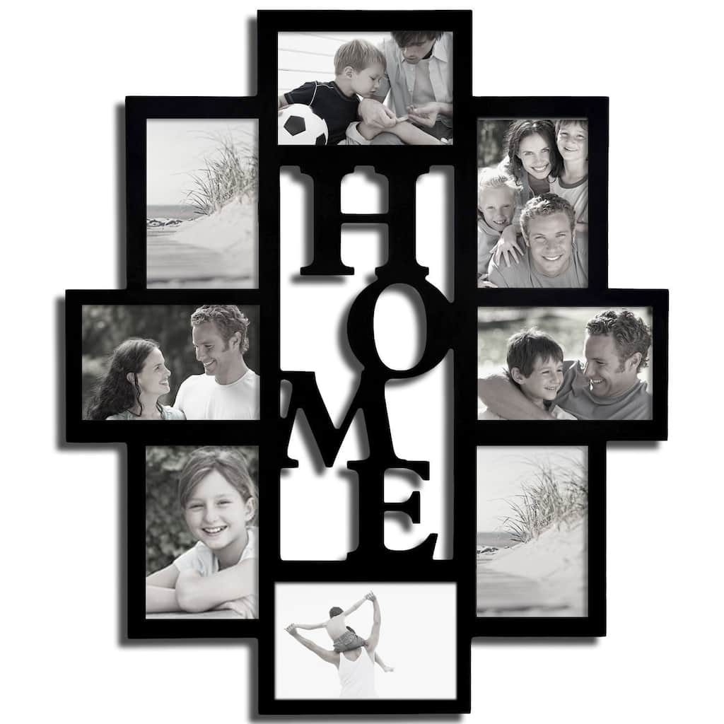 Adeco Decorative Black Wood 'Home' Wall Hanging 4x6 Photo Frame Collage with 8 Openings