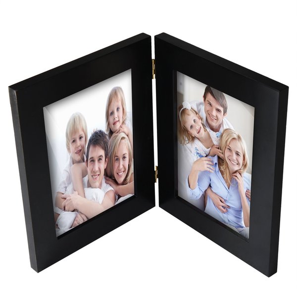 Adeco Decorative Black Wood Hinged Table Desk Top 5x7 Photo Frame with 2 Vertical Portrait Openings