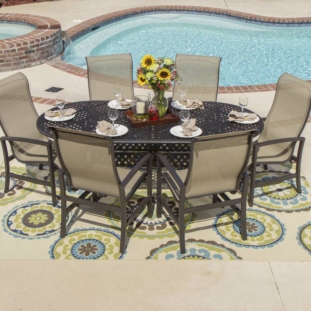 Acadia 7-piece Sling Dining Cast Aluminum Table Set with Stacking Chairs