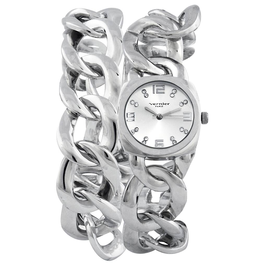 Vernier Paris Women's Crystal Silver-tone Chain Link Double Wrap Watch