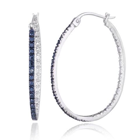 Sterling Silver Blue Diamond Oval Hoop Earrings