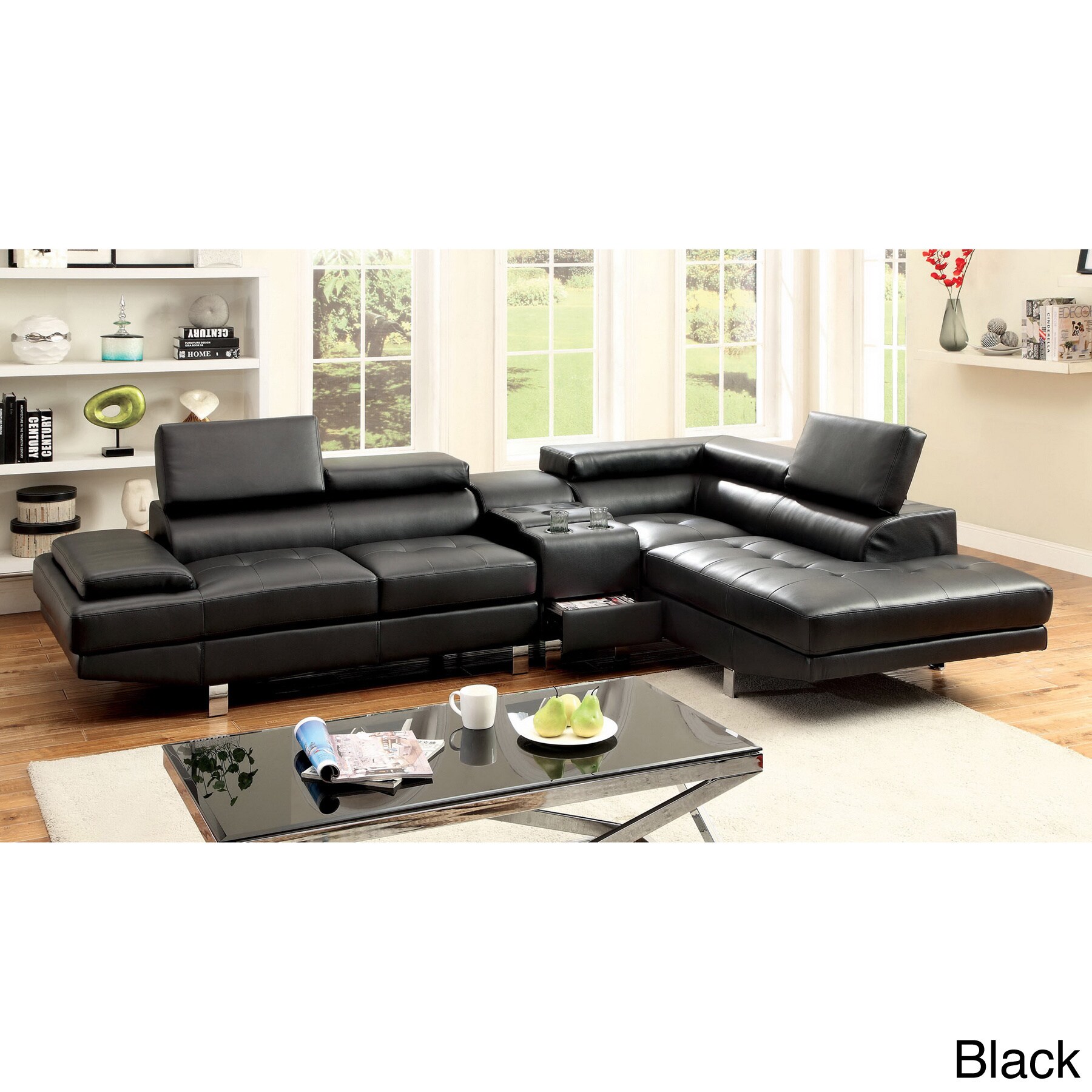 Furniture Of America Kemzy 2 piece Bonded Leather Sectional Bluetooth Speaker Console Set