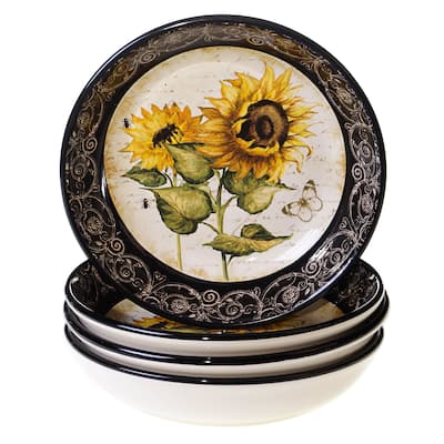Hand-painted French Sunflowers 9.25-inch Soup/Pasta Bowls (Set of 4)