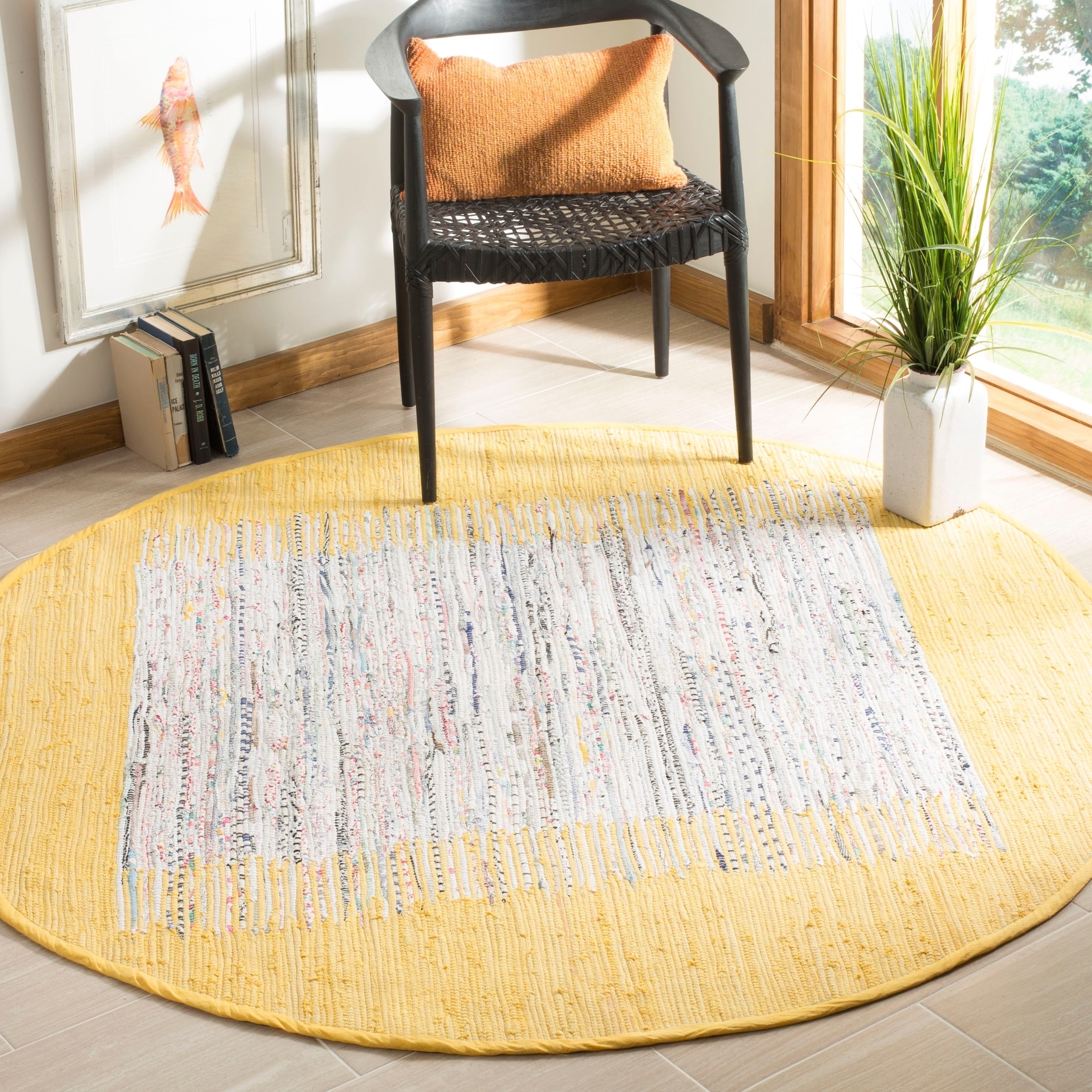 Safavieh Hand woven Montauk Ivory/ Yellow Cotton Rug (6 Round)