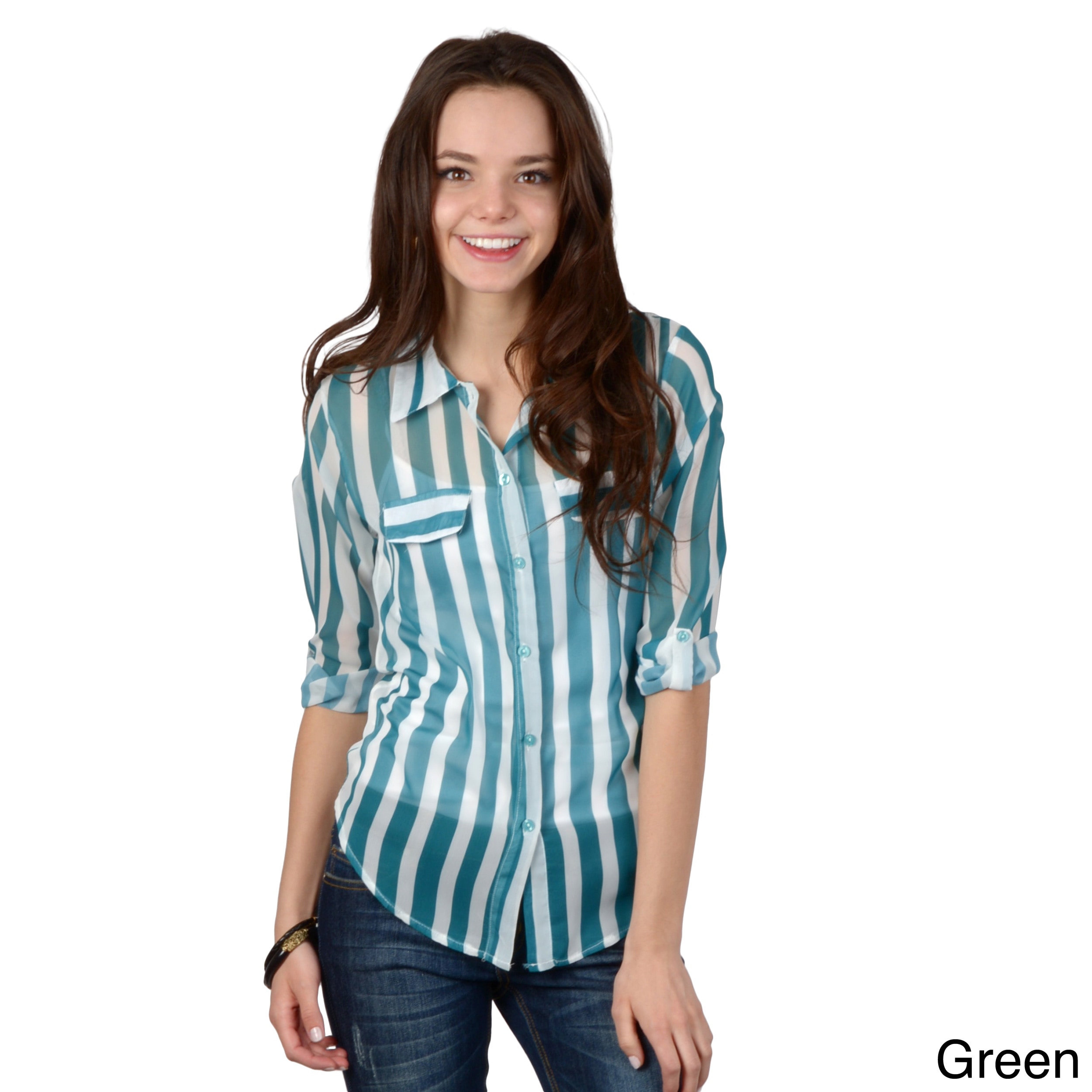 Hailey Jeans Co Hailey Jeans Co. Juniors Striped Button up Top Green Size S (1  3)