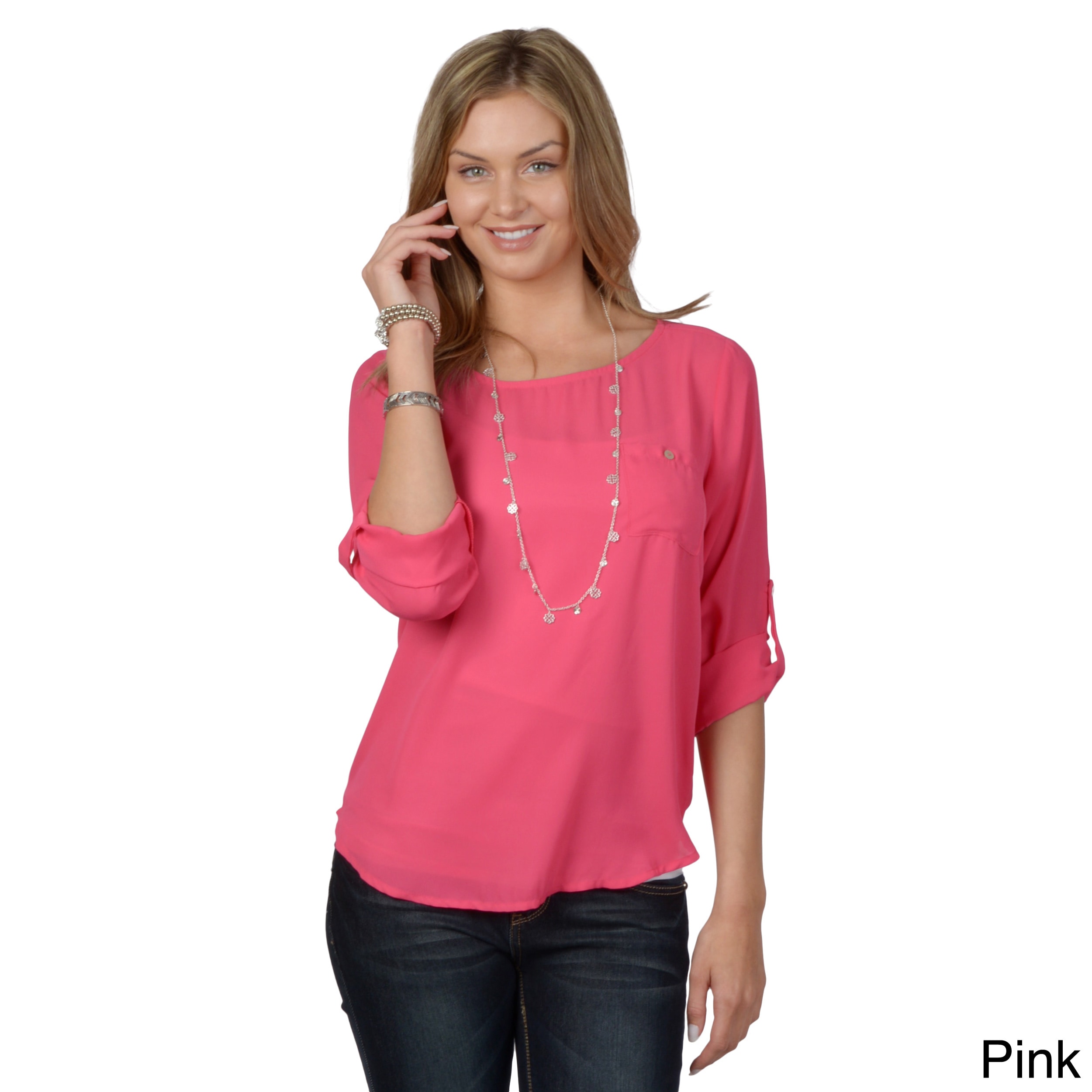 Hailey Jeans Co Hailey Jeans Co. Juniors Roll up Sleeve Scoop Neck Chiffon Top Pink Size S (1  3)