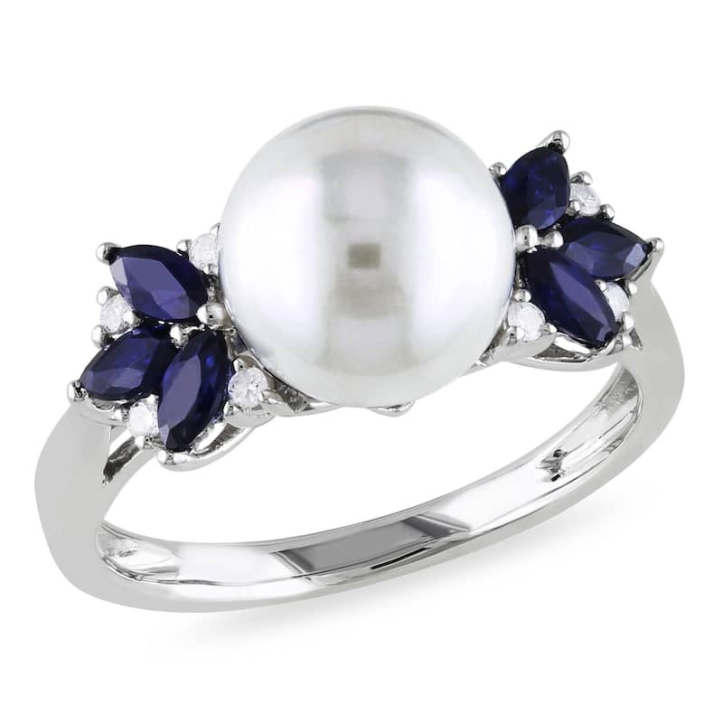 Miadora 10k White Gold Cultured Freshwater Pearl, Diamond and Sapphire Ring (9-9.5 mm)