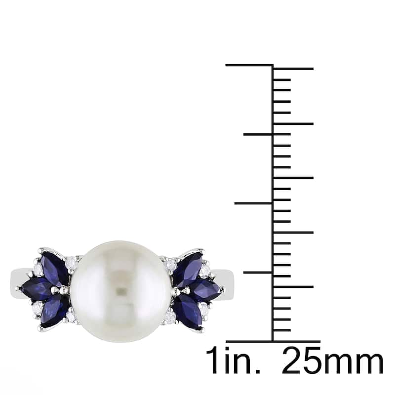 Miadora 10k White Gold Cultured Freshwater Pearl, Diamond and Sapphire Ring (9-9.5 mm)