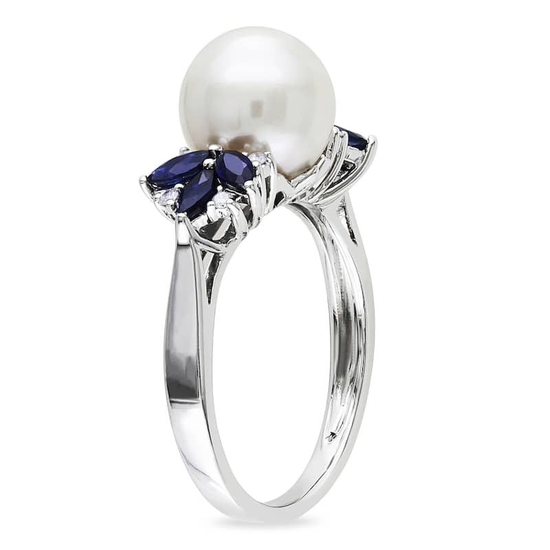 Miadora 10k White Gold Cultured Freshwater Pearl, Diamond and Sapphire Ring (9-9.5 mm)