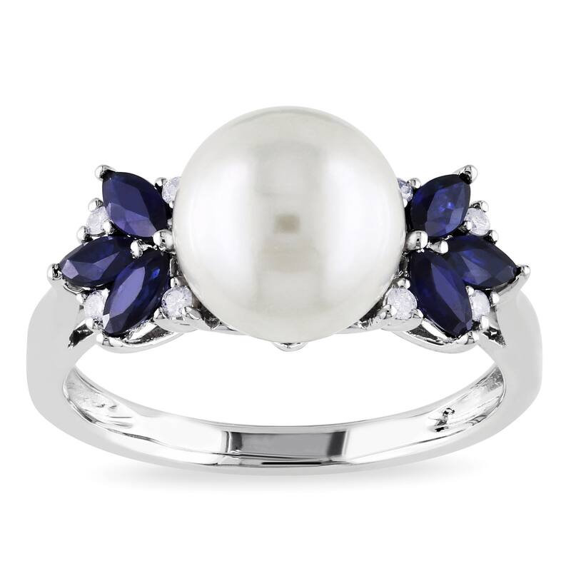 Miadora 10k White Gold Cultured Freshwater Pearl, Diamond and Sapphire Ring (9-9.5 mm)