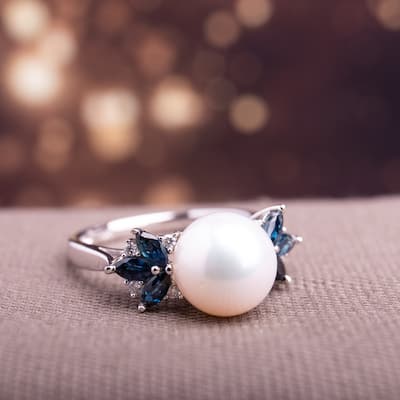 Miadora 10k White Gold Cultured Freshwater Pearl, Diamond and Sapphire Ring (9-9.5 mm)