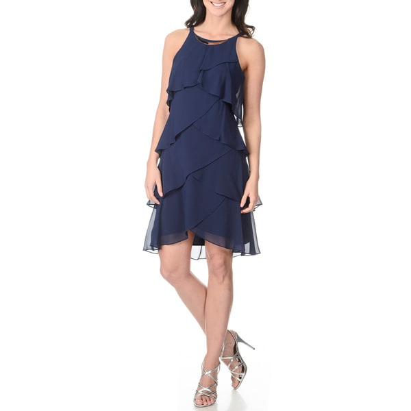 S.L. Fashions Women's Navy Asymmetrical Tiered Dress with Bar Necklace S.L. Fashions Evening & Formal Dresses