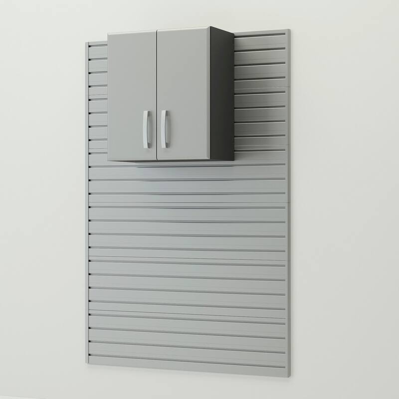 14 Piece Slatwall Panel, Cabinet, Bin Storage Set - Silver Slat Wall/Silver Cabinet