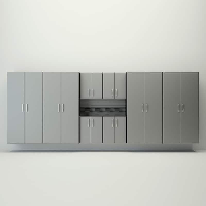 14 Piece Slatwall Panel, Cabinet, Bin Storage Set - Silver Slat Wall/Silver Cabinet