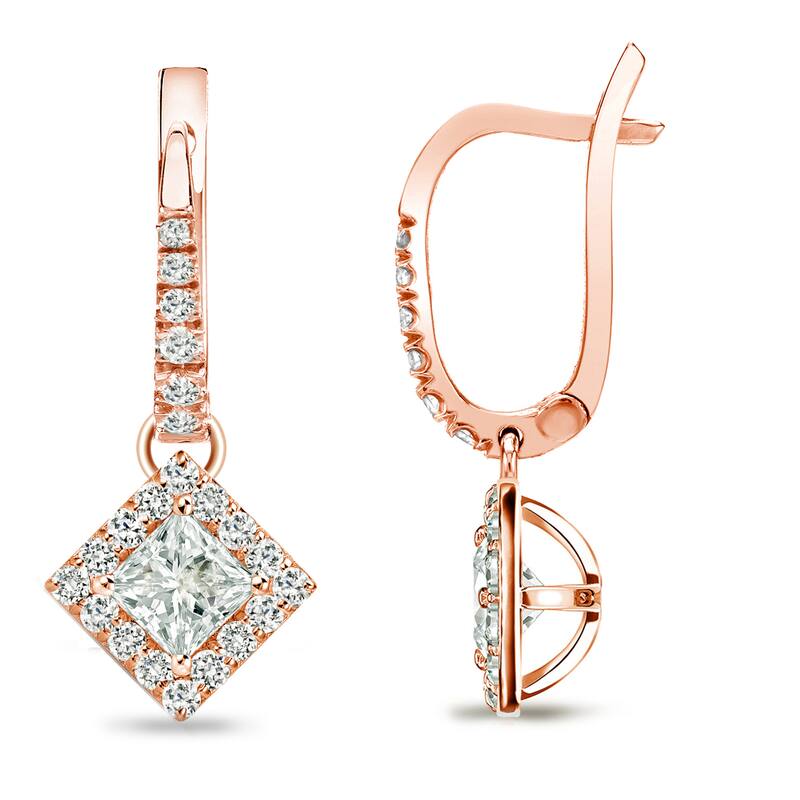 Auriya 1/2ctw Princess-cut Halo Diamond Dangle Earrings 14k Rose Gold