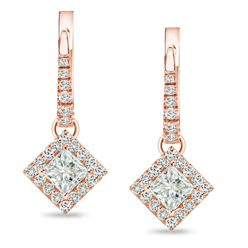 Auriya 1/2ctw Princess-cut Halo Diamond Dangle Earrings 14k Rose Gold