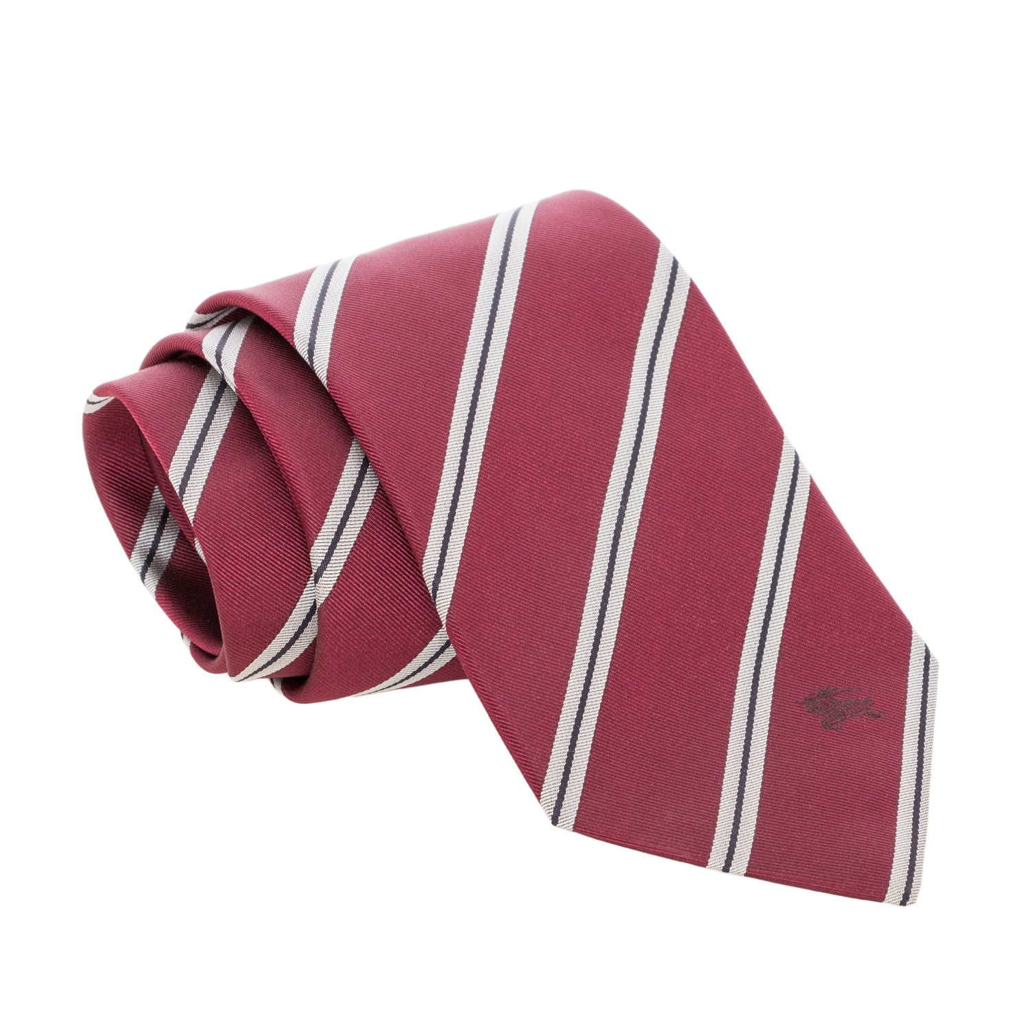 Burberry Burgundy And Grey College Striped Silk Tie