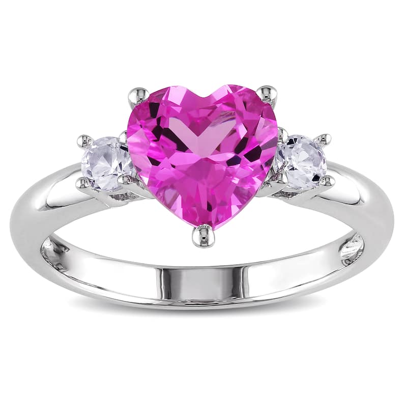 Miadora Sterling Silver Created Pink and White Sapphire Heart Ring - 5
