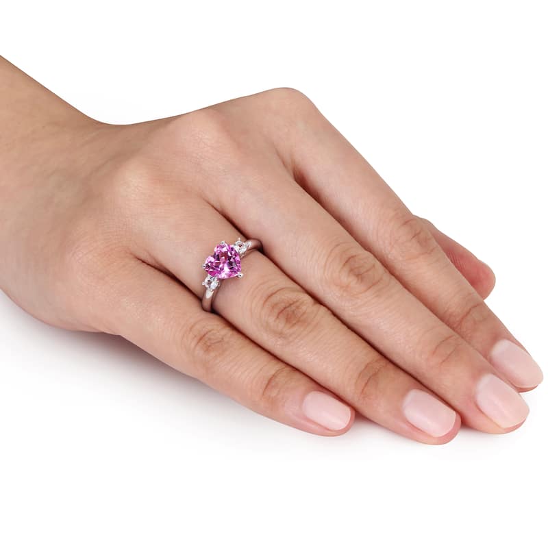 Miadora Sterling Silver Created Pink and White Sapphire Heart Ring