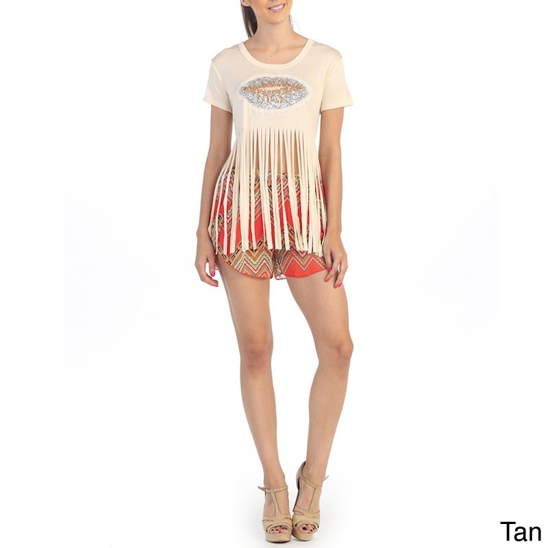 365 Apparel Inc. Juniors Sequin Lips Fringe Tee Tan Size S (4  6)