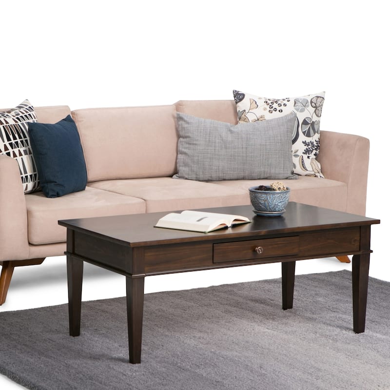WYNDENHALL Sterling SOLID WOOD 44 inch Wide Rectangle Transitional Coffee Table in Dark Tobacco Brown - 44 W x 22 D x 19 H - Brown