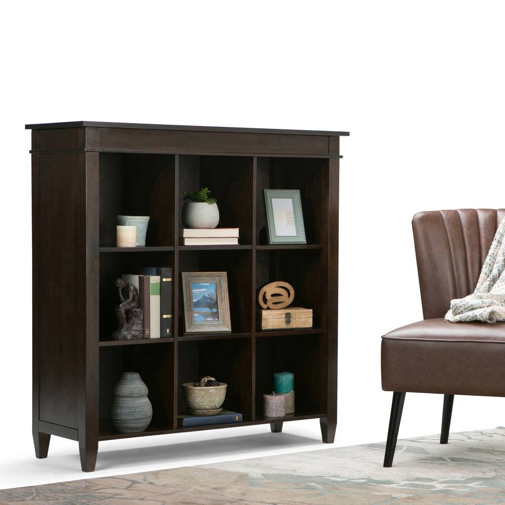 WYNDENHALL Sterling SOLID WOOD 46 inch x 44 inch Contemporary 9 Cube Bookcase and Storage Unit in Dark Tobacco Brown