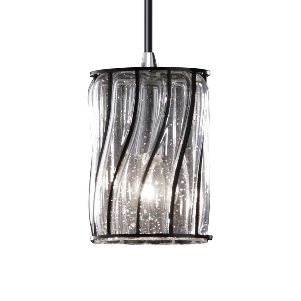 Justice Design Wire Glass 1-light Polished Chrome Pendant, Swirl w/ Clear Bubbles - Cylinder w/ Flat Rim Shade