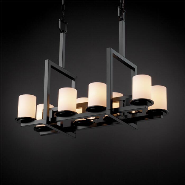 Justice Design Fusion Dakota 8-up and 3-downlight Matte Black Chandelier, Opal Cylinder - Flat Rim Shade