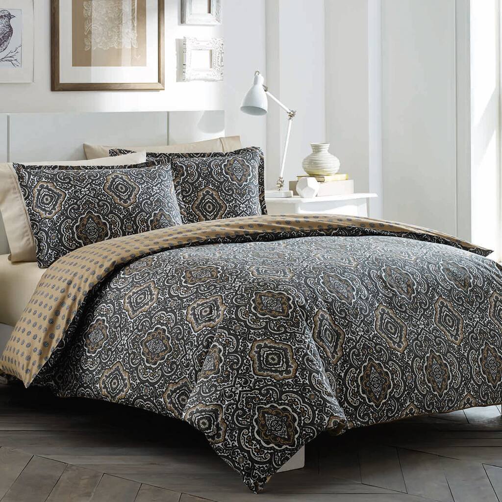 City Scene Milan Charcoal Reversible 3-piece Cotton Duvet Cover Set