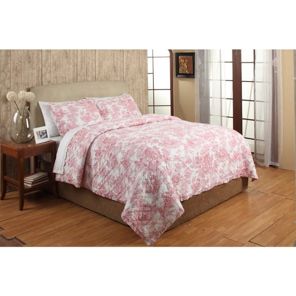 Shop French Toile Red Cotton 3 Piece Quilt Set On Sale