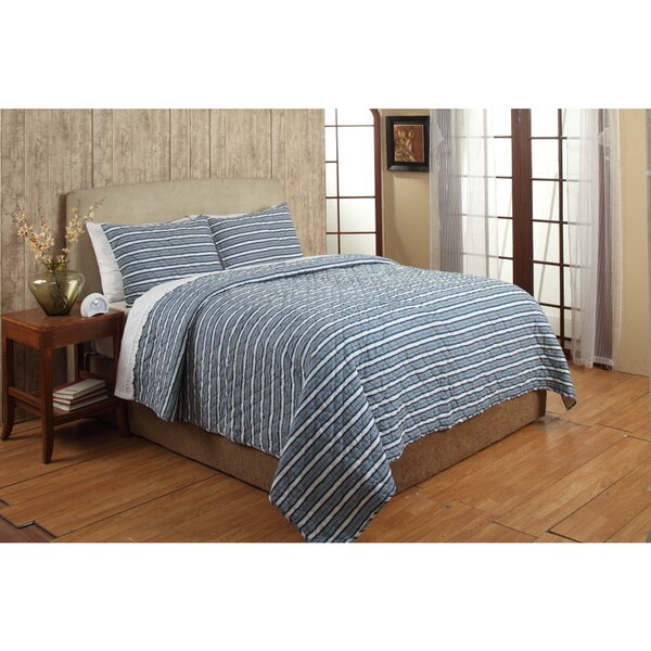 Riker Blue Stripe Cotton 3-piece Quilt Set