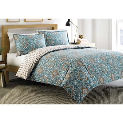 City Scene Milan Teal Reversible Cotton 3-piece Duvet Cover Set