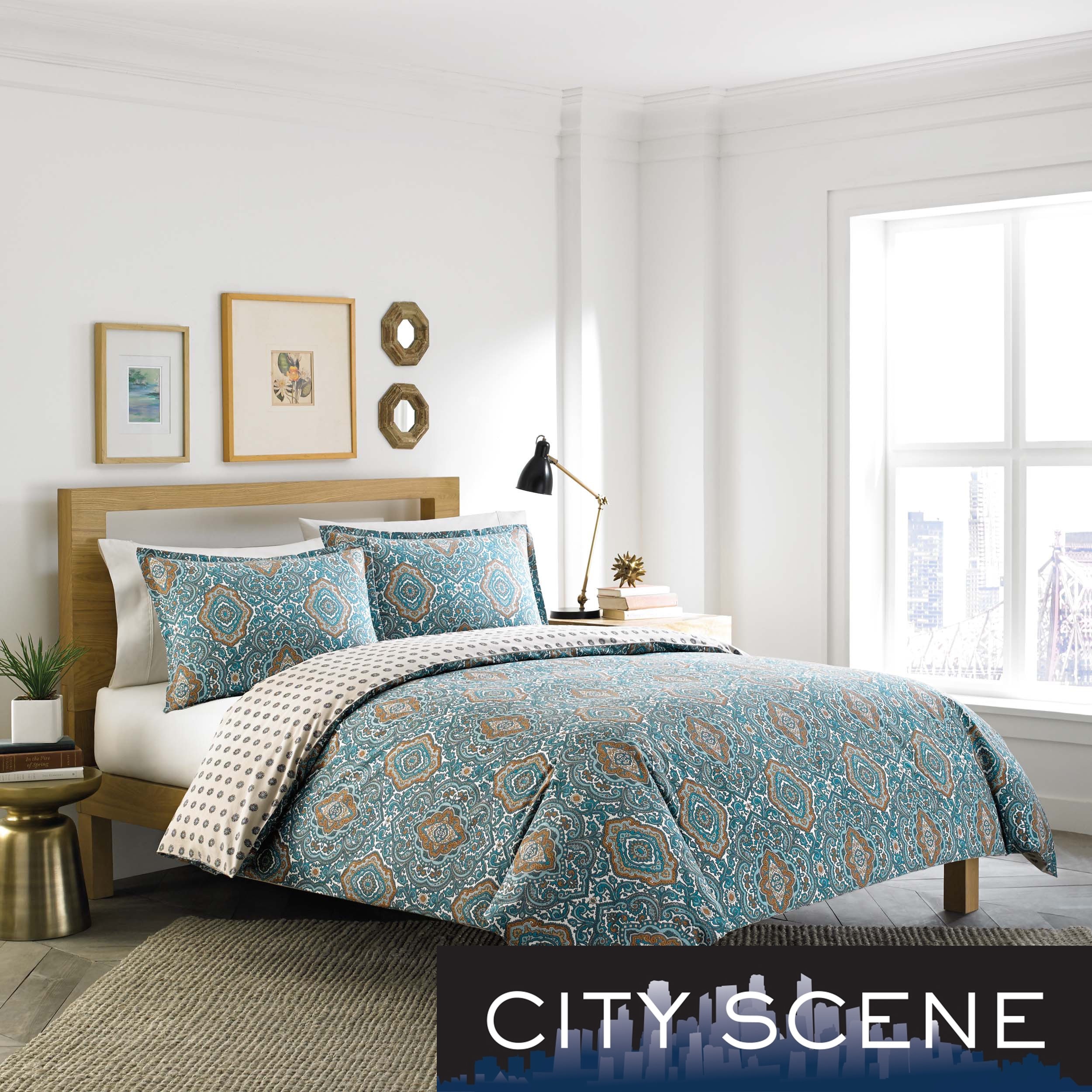 City Scene Milan Teal Reversible Cotton 3 piece Duvet Cover Set