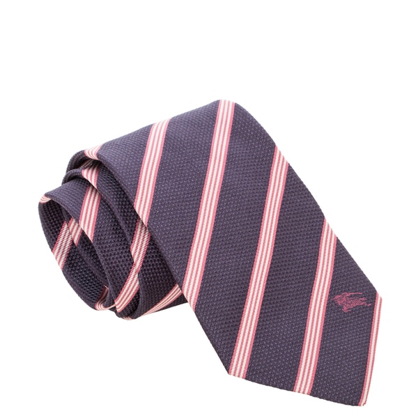 Burberry Navy Blue and Pink Striped Woven Silk Tie  