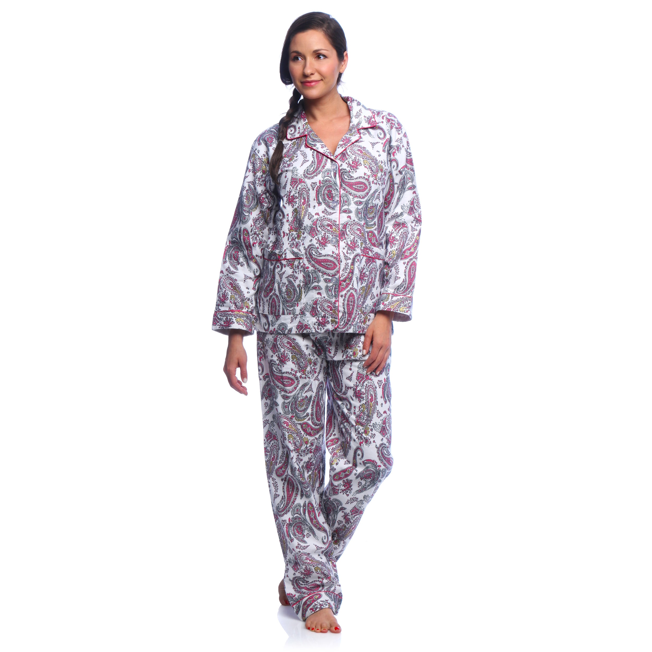 Aegean Apparel Womens Fuchsia And Gold Paisley Print Flannel Pajamas