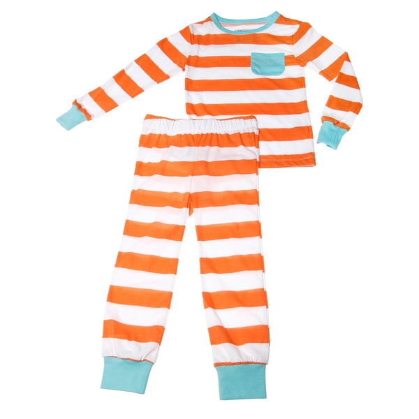 Girls Orange and Blue Stripe Printed Pajama Set Girls' Pajamas