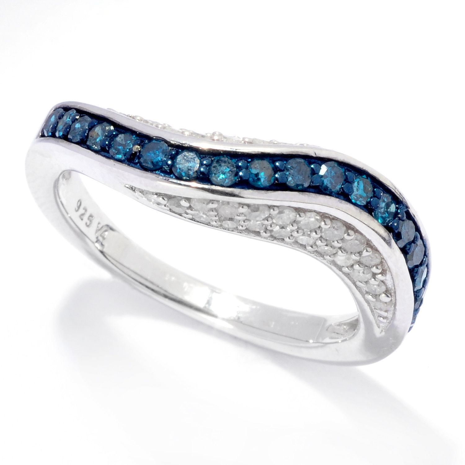 1.41 Cttw Natural White & Color Enhanced Blue Round Diamond Sterling Silver Pave Cocktail Wave Ring Size 7 1.41 Cttw Natural White & Color Enhanced Blue Round Diamond Sterling Silver Pave Cocktail Wave Ring Size 7